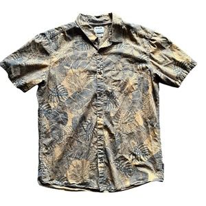 Hurley men's large classic fit tan Hawaiian shirt palm leaves short sleeve
